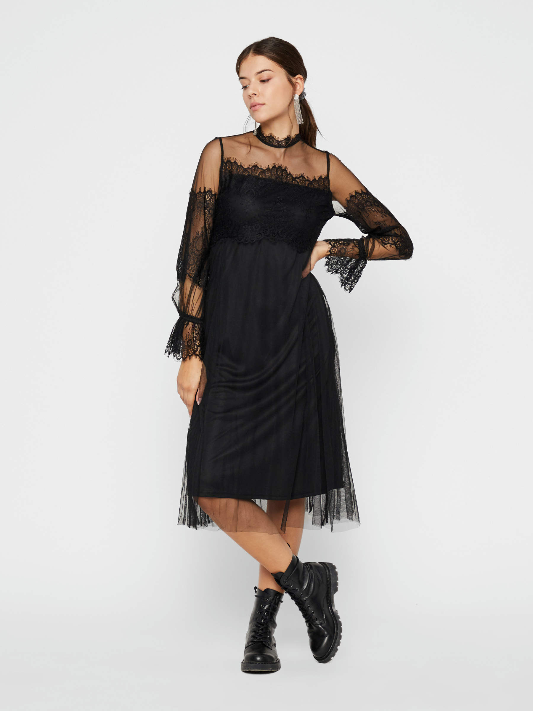 SEMI SHEER LACE MIDI DRESS