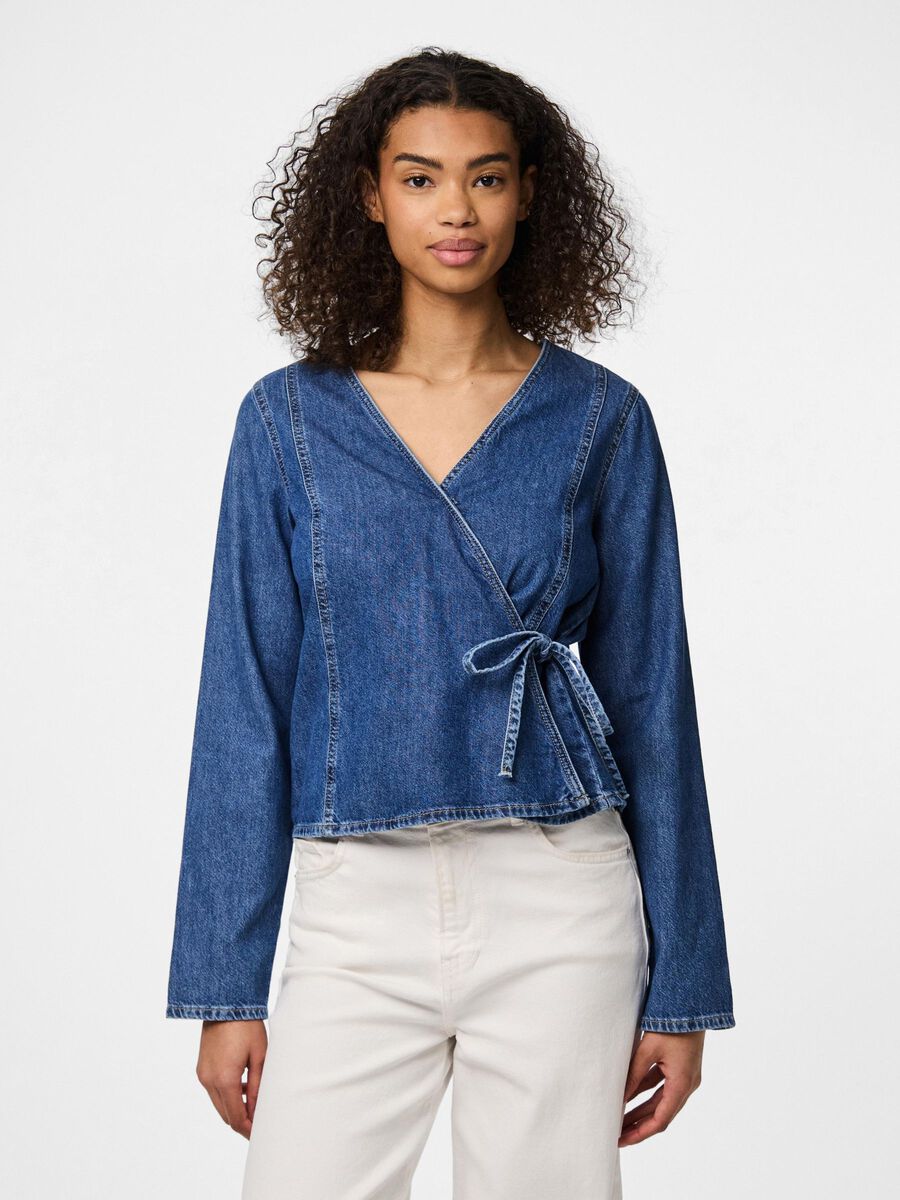 Pieces PCTABI DENIM  WRAP TOP, Dark Blue Denim, highres - 17157601_DarkBlueDenim_003.jpg