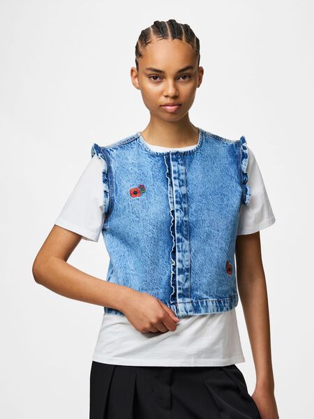 Pieces PCPALMA RUCHES DENIM TOP, Medium Blue Denim, highres - 17165677_MediumBlueDenim_1274474_003.jpg