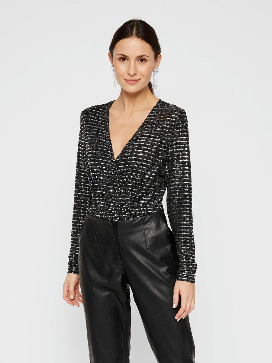 Pieces WRAP-FRONT SEQUIN BODYSUIT, Black, highres - 17104199_Black_765779_003.jpg