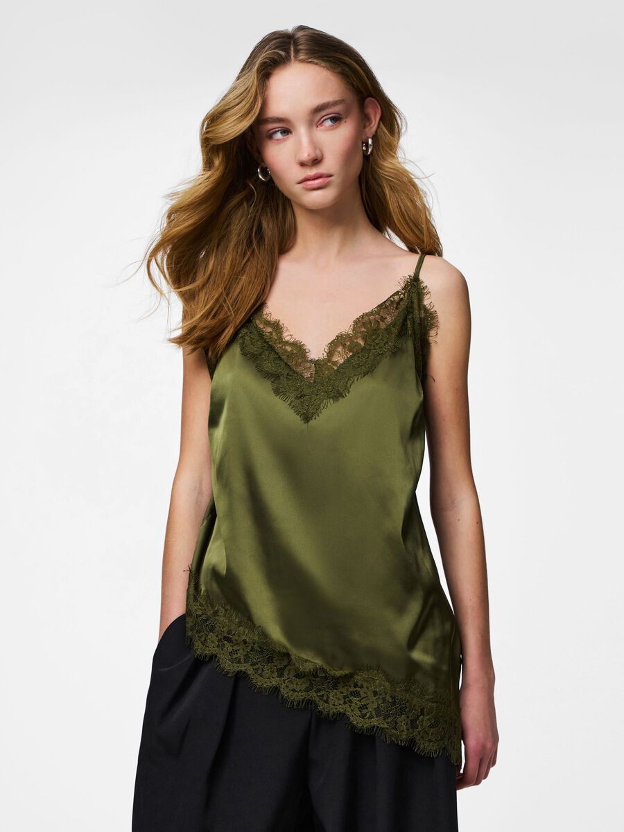 Carousel image - PCNOMI SATIN LACE STRAP TOP, Burnt Olive | 1