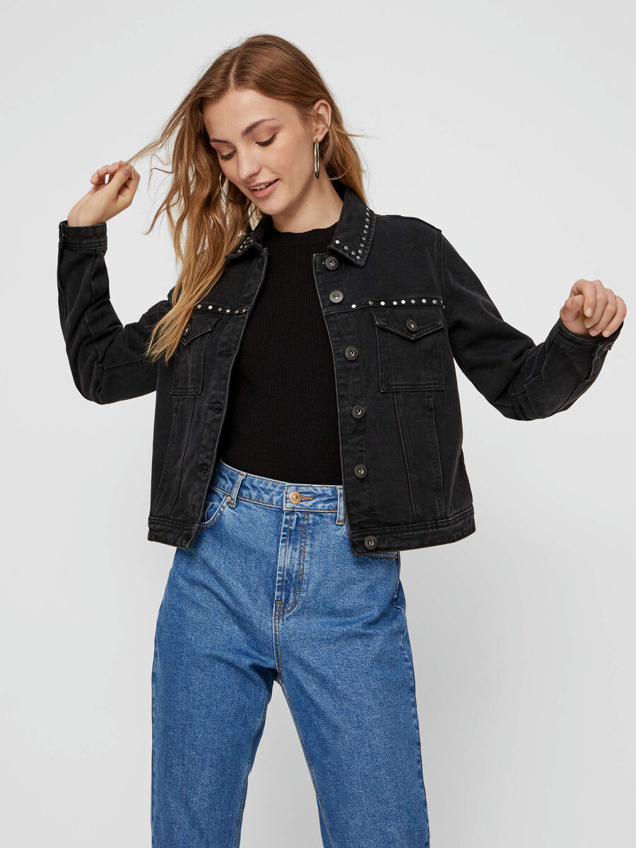 Pieces STUD DETAIL DENIM JACKET, Black, highres - 17099786_Black_719586_003.jpg