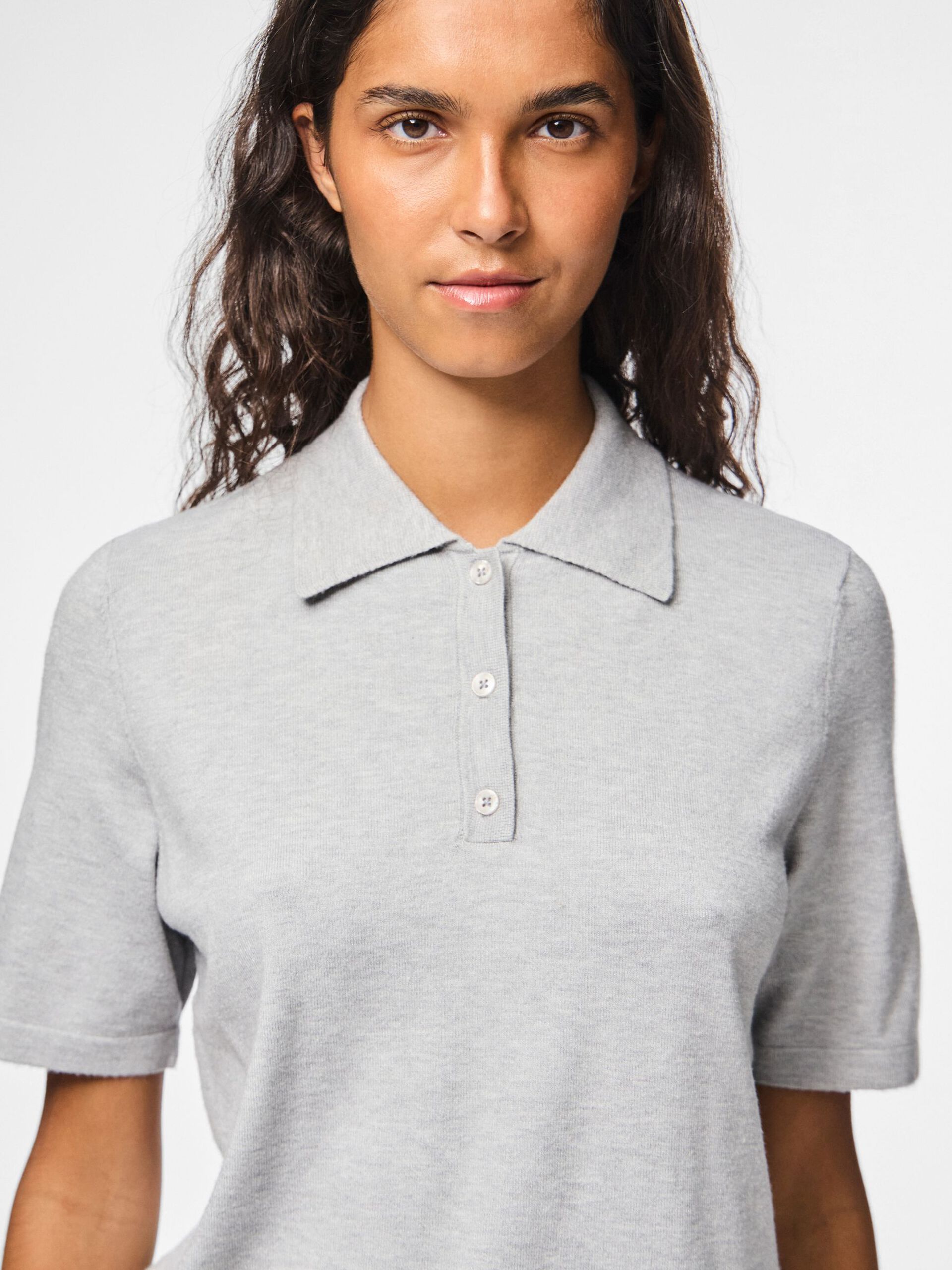 Carousel image - PCORINA KNITTED POLO TOP, Light Grey Melange | 4