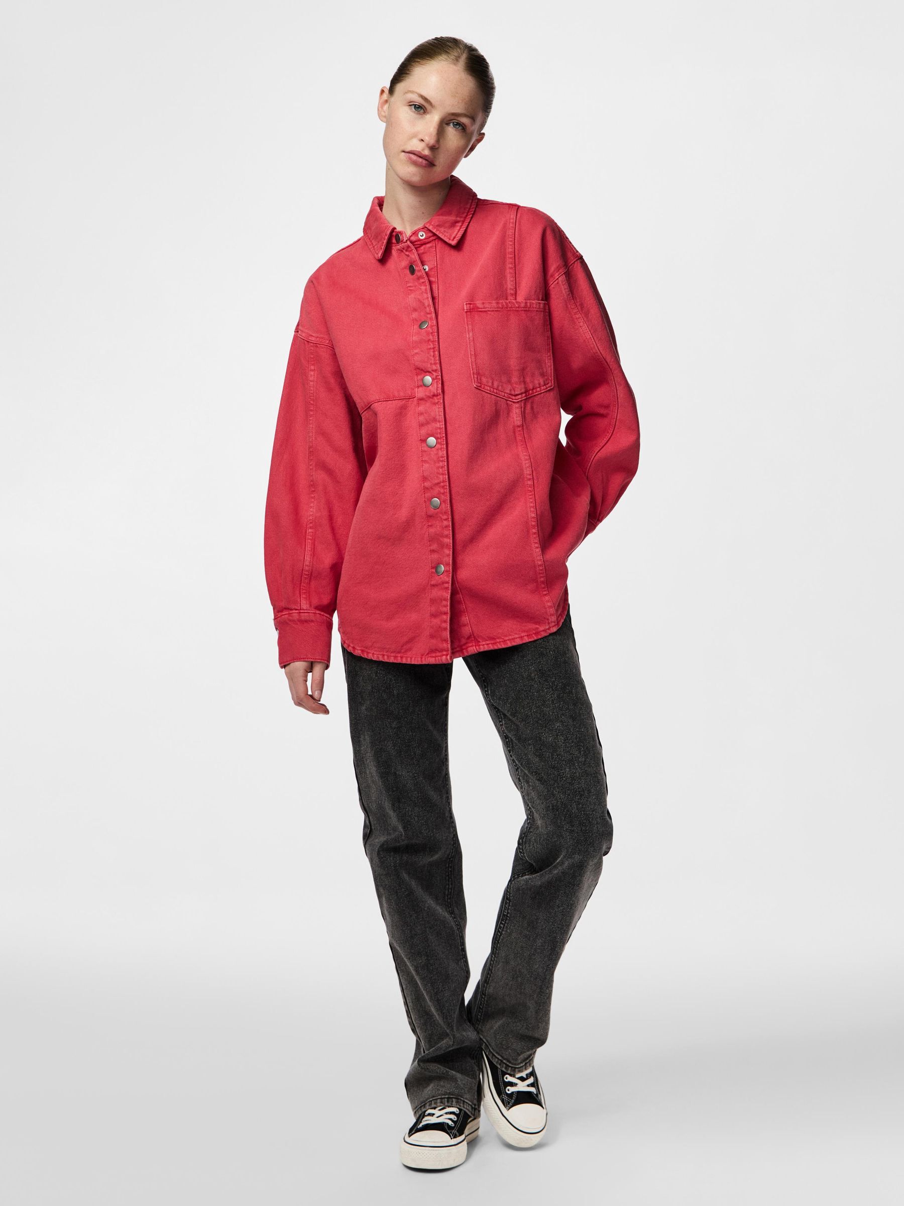 Red colour denim shirt hot sale