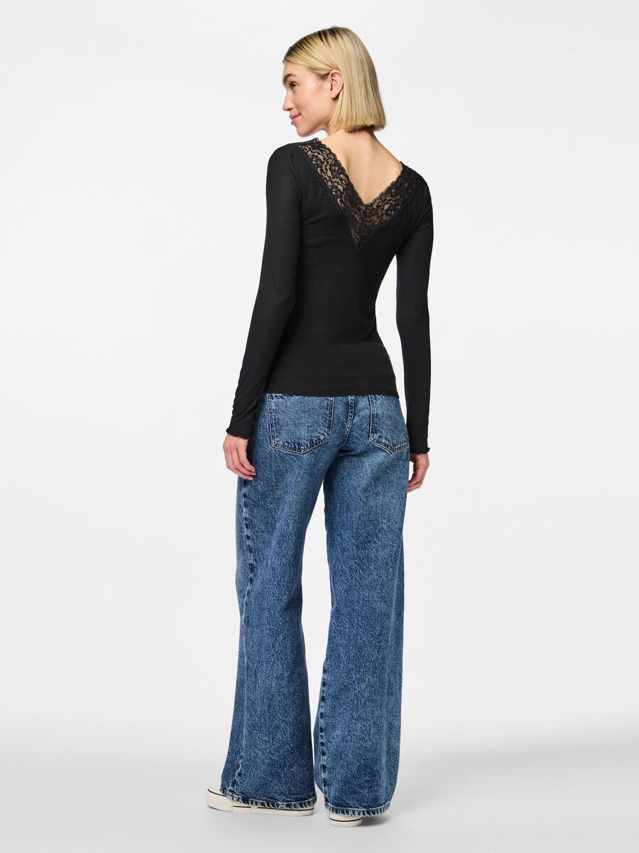 Pieces PCSIRI LACE TRIM V-NECK TOP, Black, highres - 17095374_Black_004.jpg