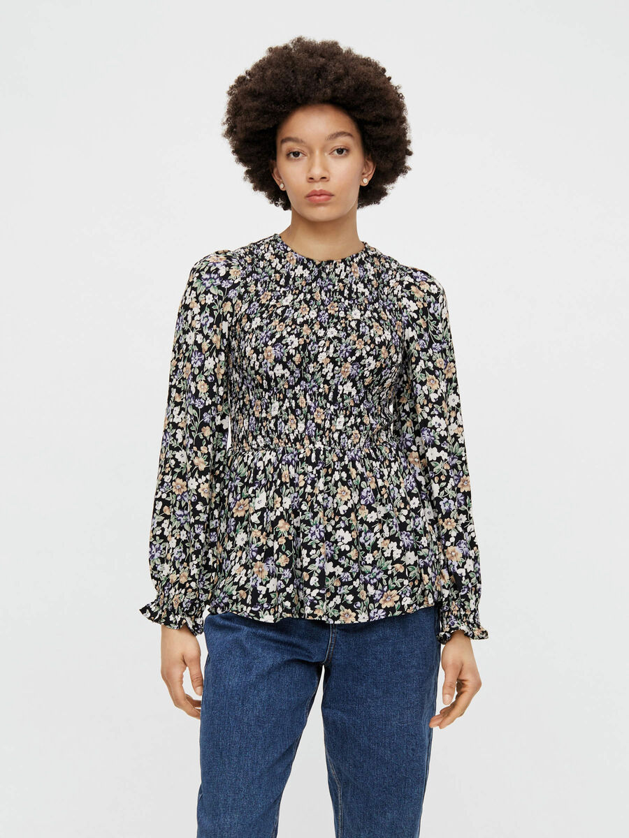 Pieces FLORAL PRINT SMOCK BLOUSE, Black, highres - 17117415_Black_886292_003.jpg