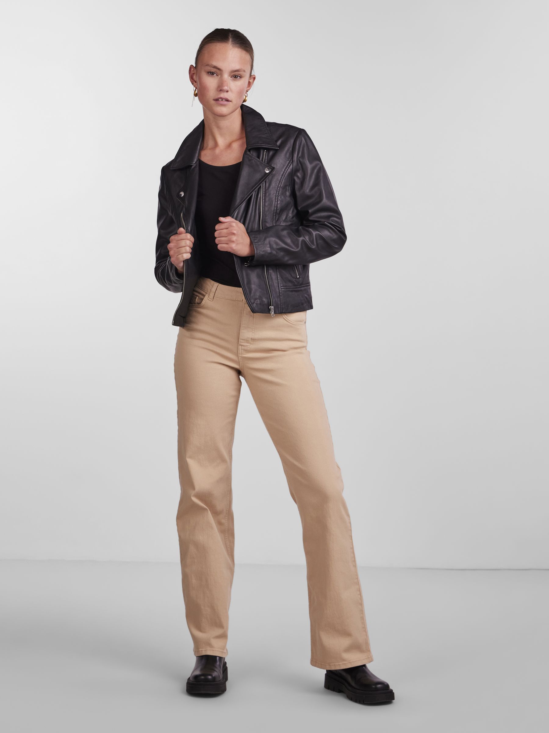Khaki pants leather jacket shop
