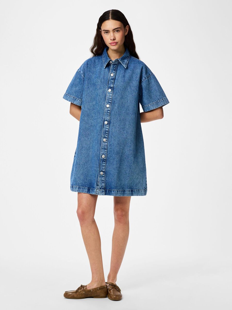 Product carousel image - PCSKY A-SHAPE DENIM MINI DRESS, Medium Blue Denim | 1