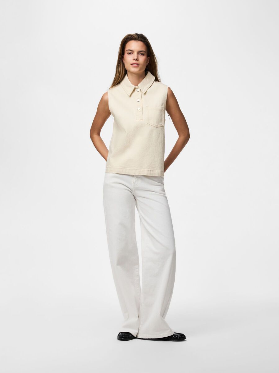 Carousel image - PCGRACE DENIM-POLO TOP, Ecru | 7