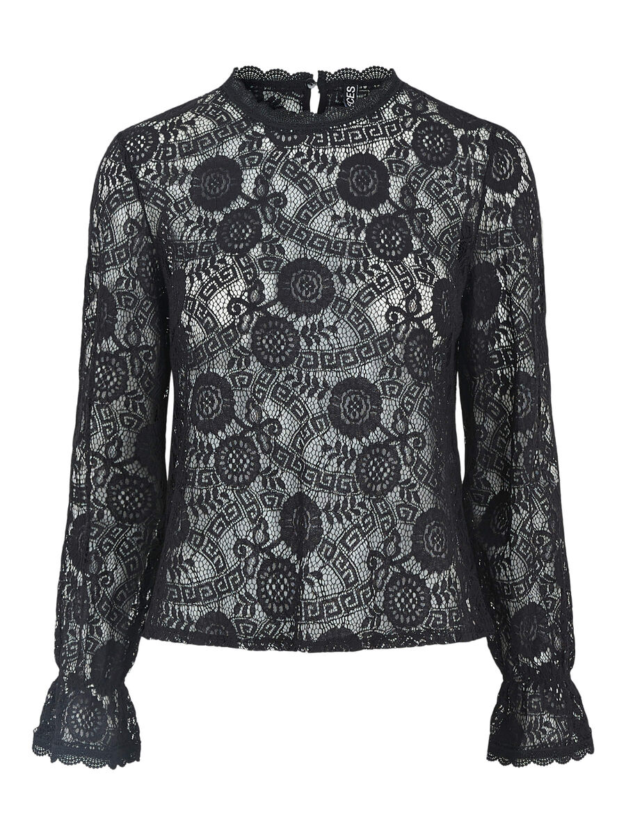 Pieces LACE LONG SLEEVED BLOUSE, Black, highres - 17113286_Black_001.jpg