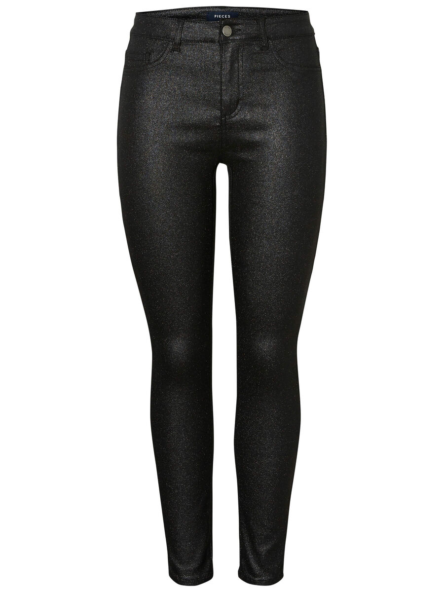 Pieces MID WAIST COATED GLITTER JEGGINGS, Black, highres - 17095653_Black_001.jpg