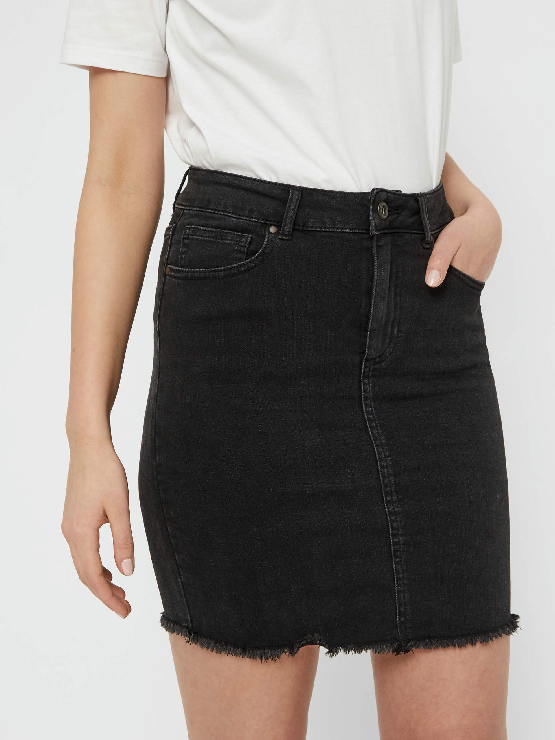 Carousel image - FRAYED HEM DENIM MINI SKIRT, Black Denim | 4