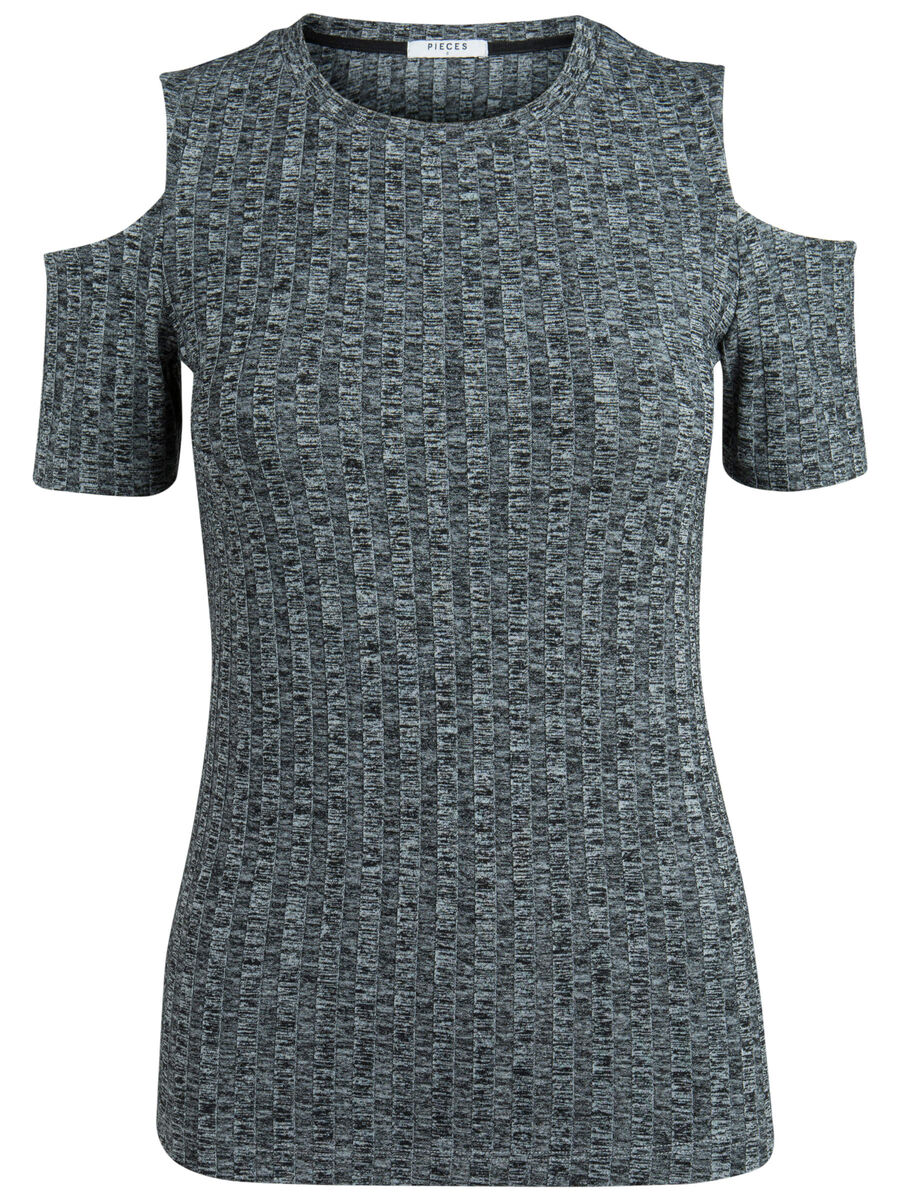 Pieces RIB COLD SHOULDER KORTÄRMAD TOPP, Dark Grey Melange, highres - 17079773_DarkGreyMelange_001.jpg