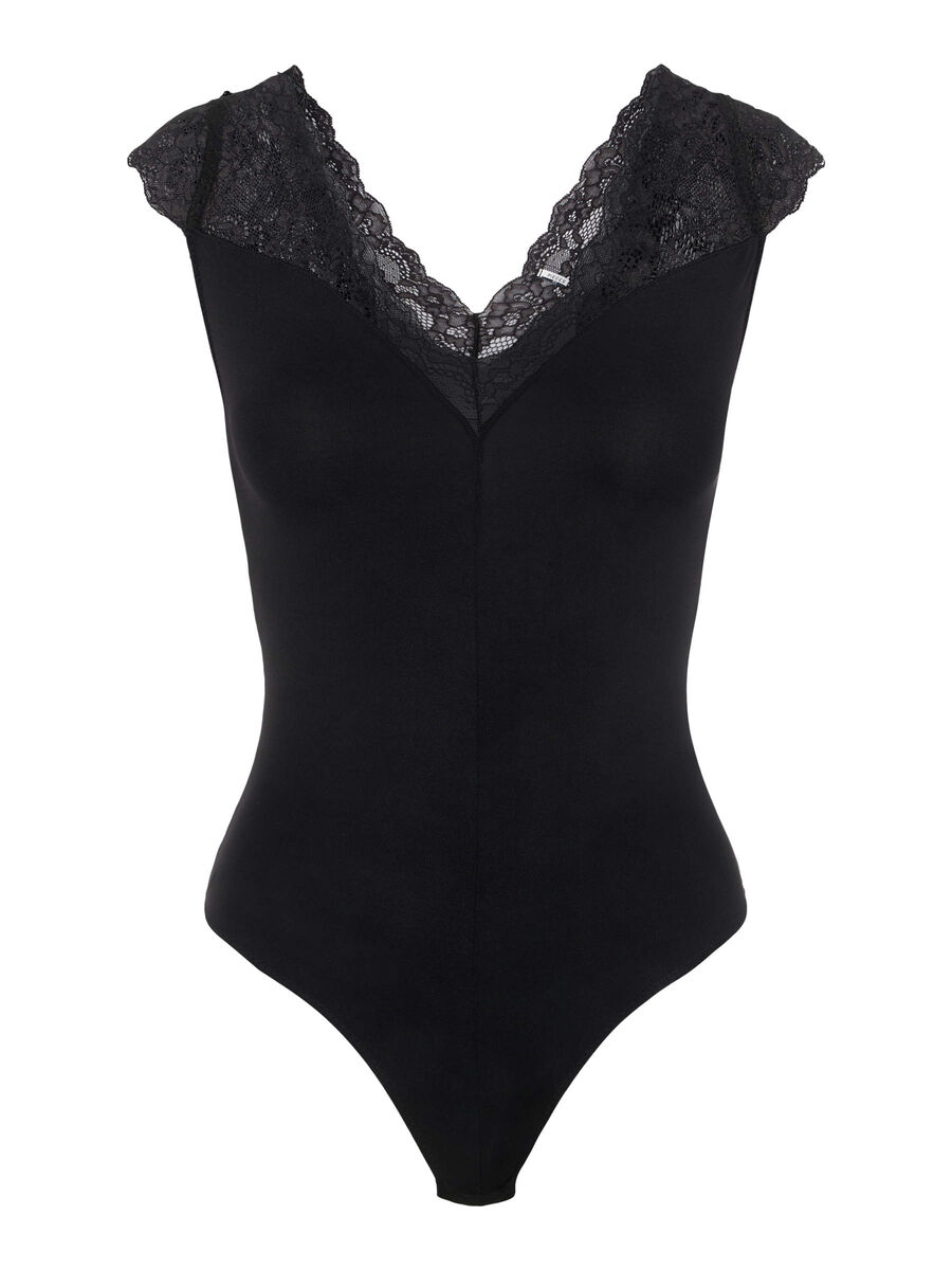 Pieces LACE TRIM BODYSUIT, Black, highres - 17103318_Black_001.jpg