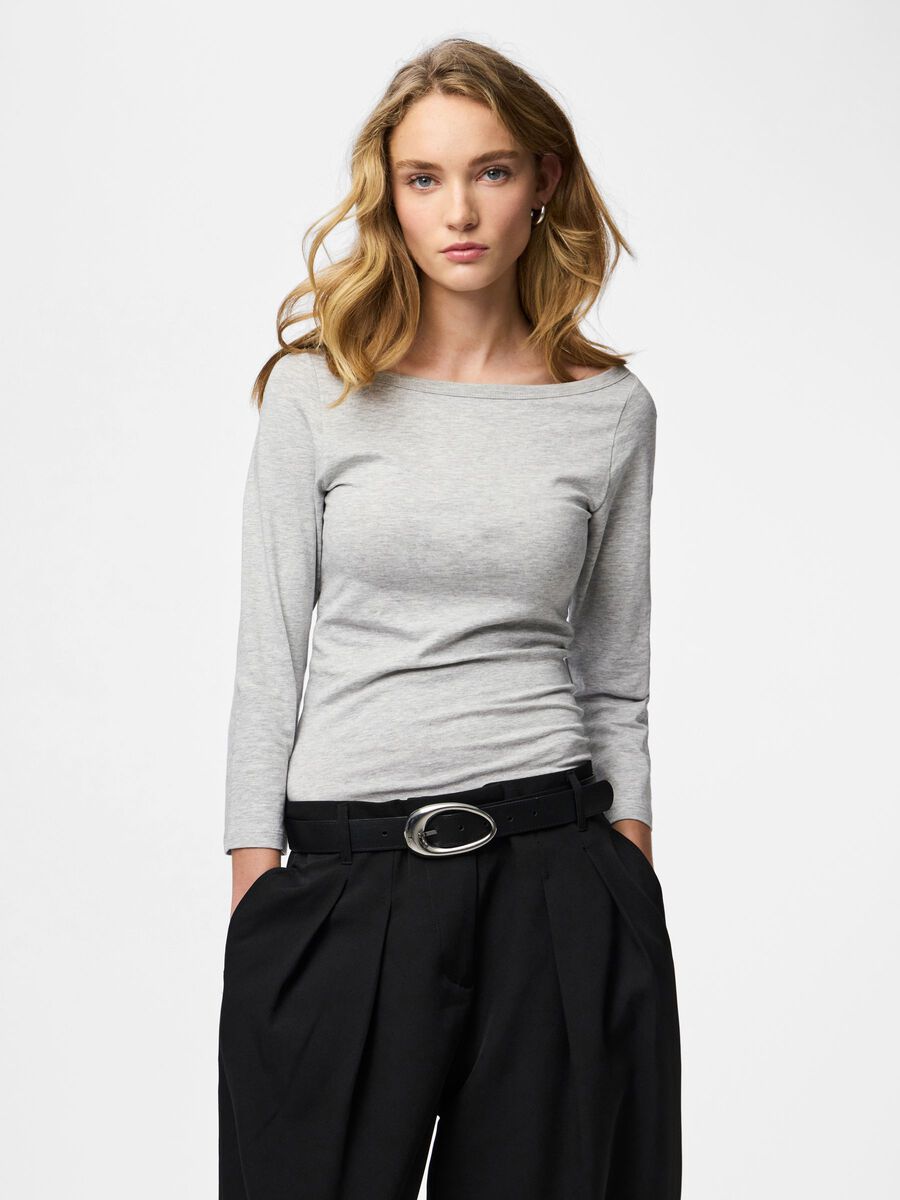 Product carousel image - PCPHOEBE BOATNECK 3/4 SLEEVED TOP, Light Grey Melange | 1