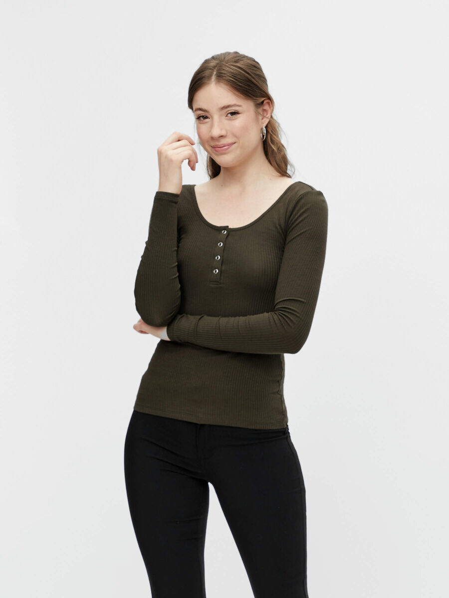 Pieces BUTTON-FRONT RIBBED TOP, Black Olive, highres - 17101437_BlackOlive_003.jpg
