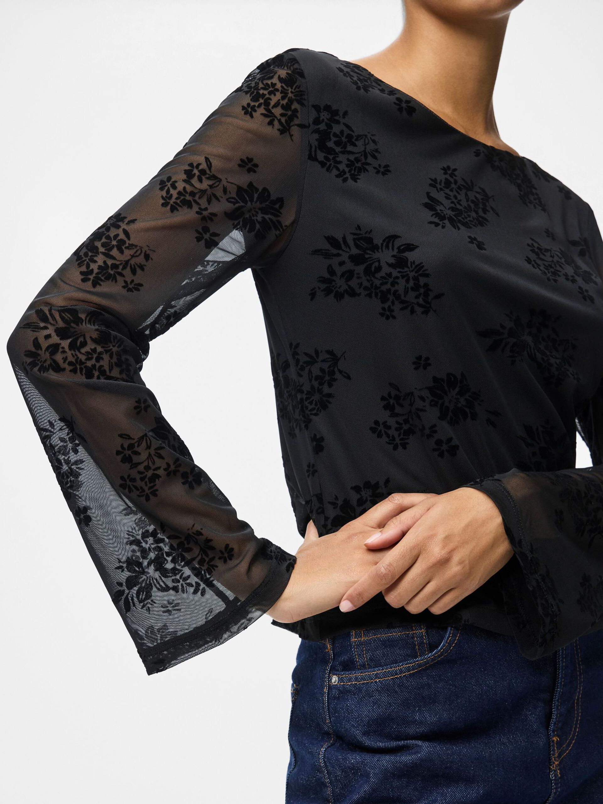 Carousel image - PCFLIKKA MESH LONG SLEEVED TOP, Black | 4