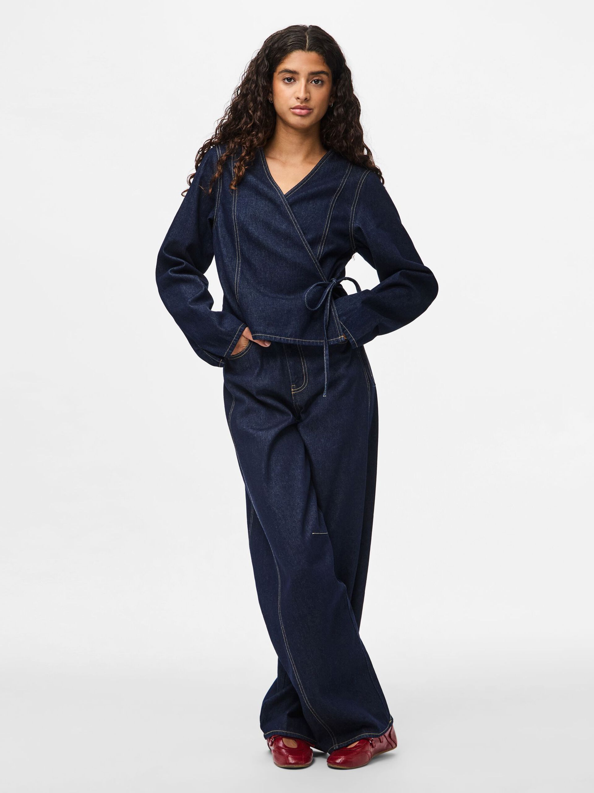 Carousel image - PCFENNA DENIM WRAP BLOUSE, Dark Blue Denim | 5