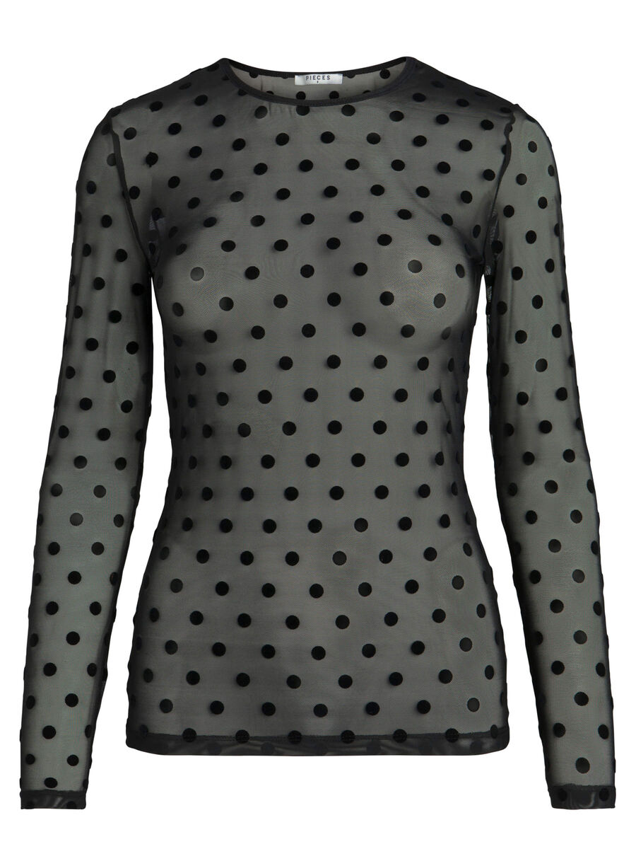 Pieces DOTTED LONG SLEEVED MESH BLOUSE, Black, highres - 17091361_Black_001.jpg