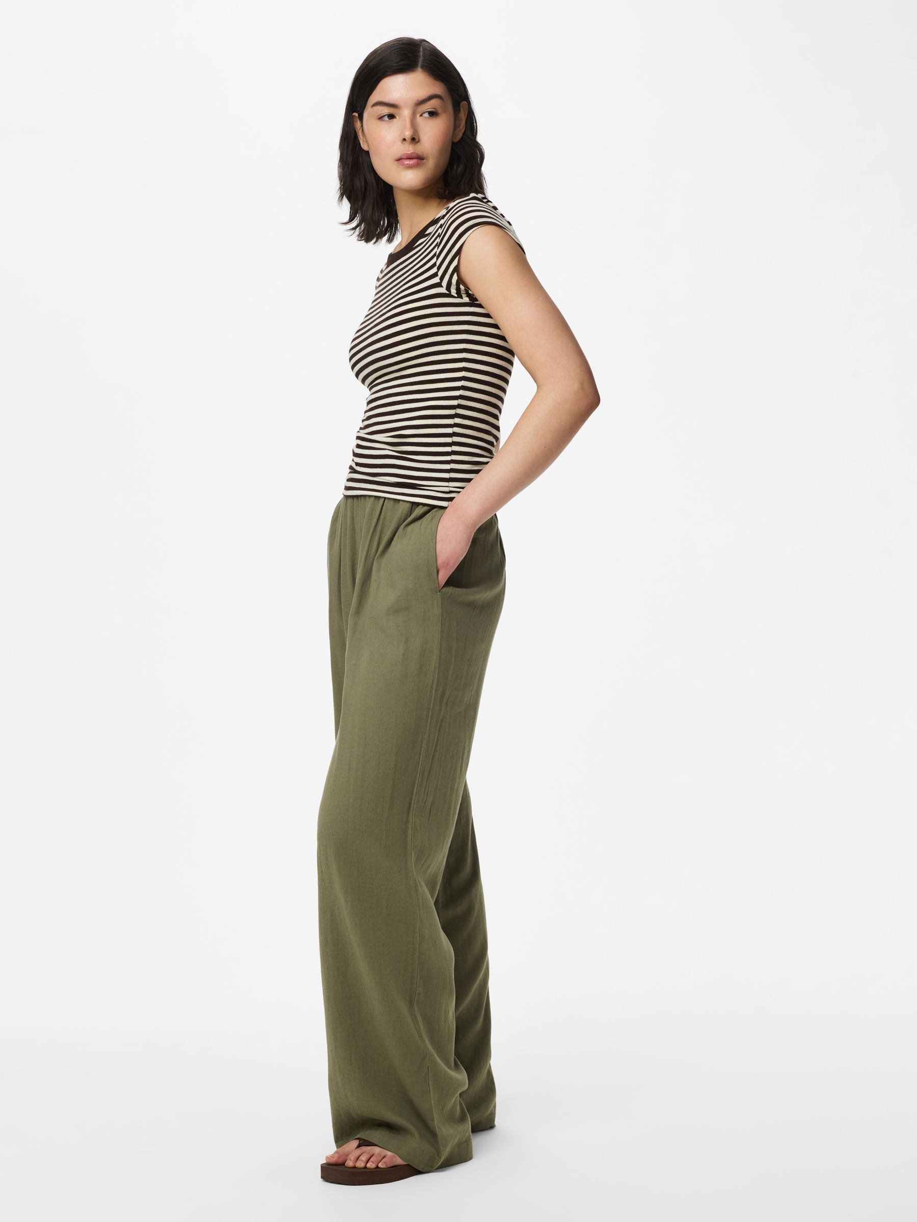 PCPIA LINEN BLEND WIDE-LEG TROUSERS | Green | PIECES® Ireland