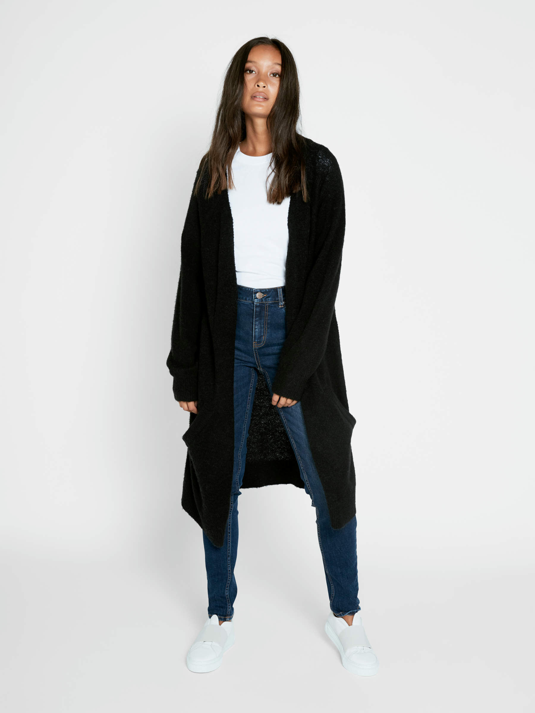Long black wool cardigan cheap