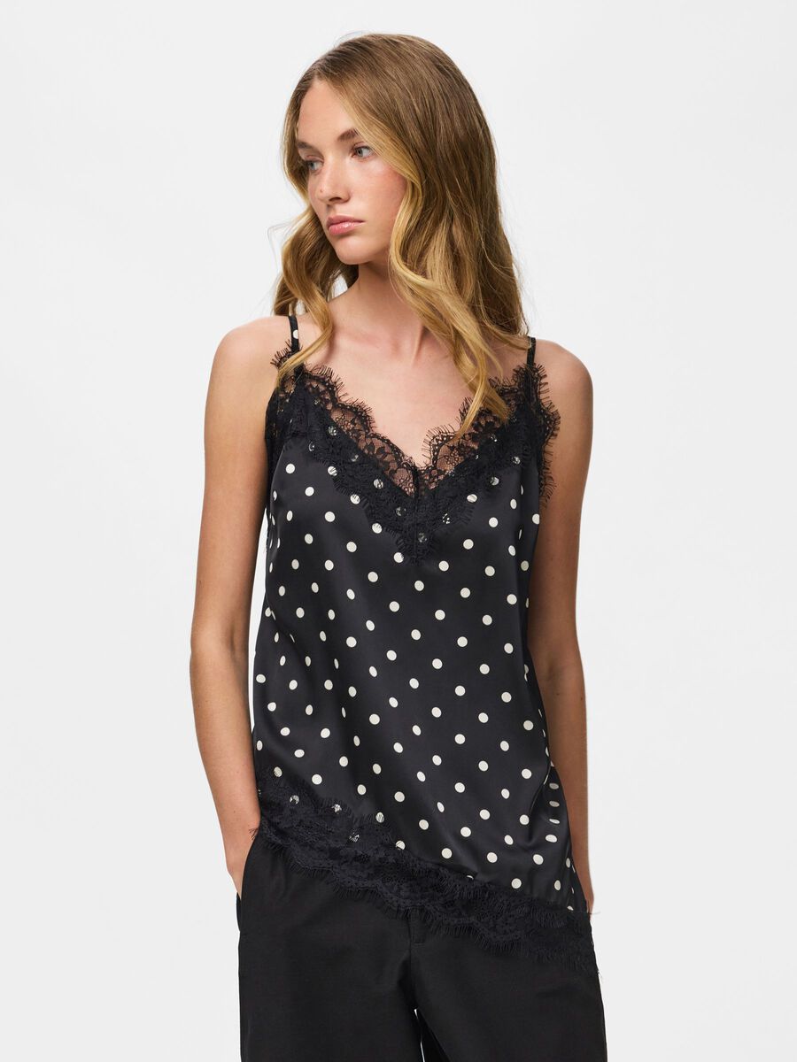 Product carousel image - PCNOMI SATIN DOT LACE STRAP TOP, Black | 1