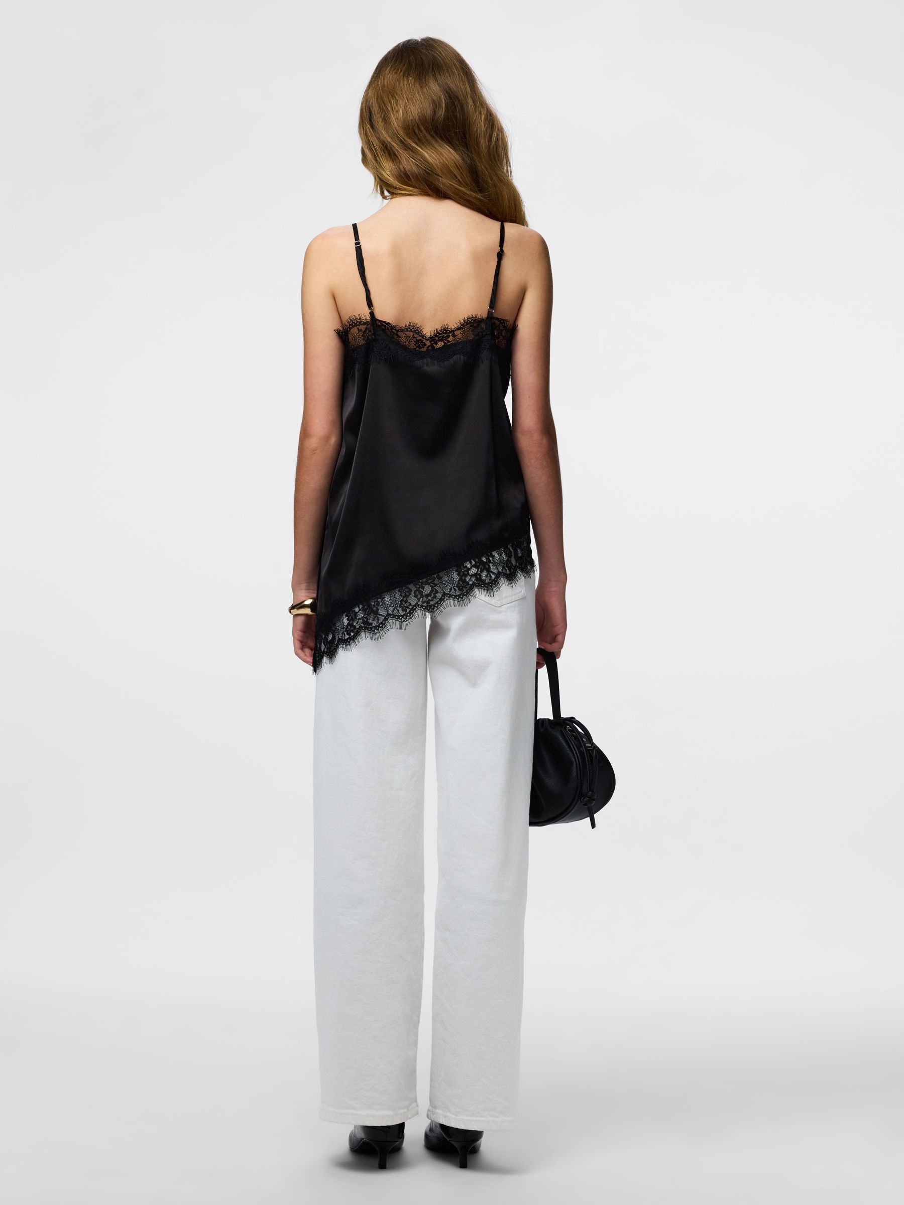 PCNOMI SATIN LACE STRAP TOP | Black | PIECES® Denmark