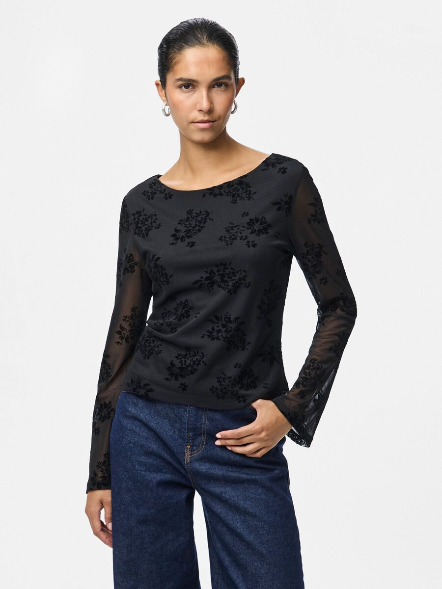 Carousel image - PCFLIKKA MESH LONG SLEEVED TOP, Black | 1