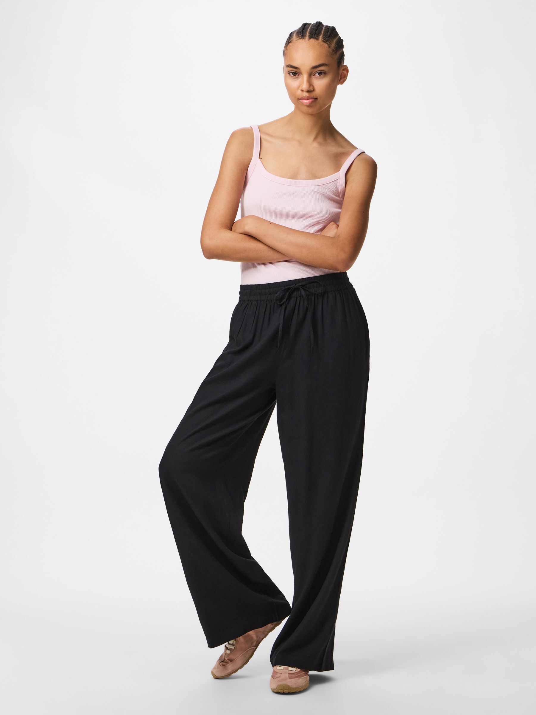PCPIA LINEN BLEND WIDE-LEG TROUSERS | Black | PIECES® Finland