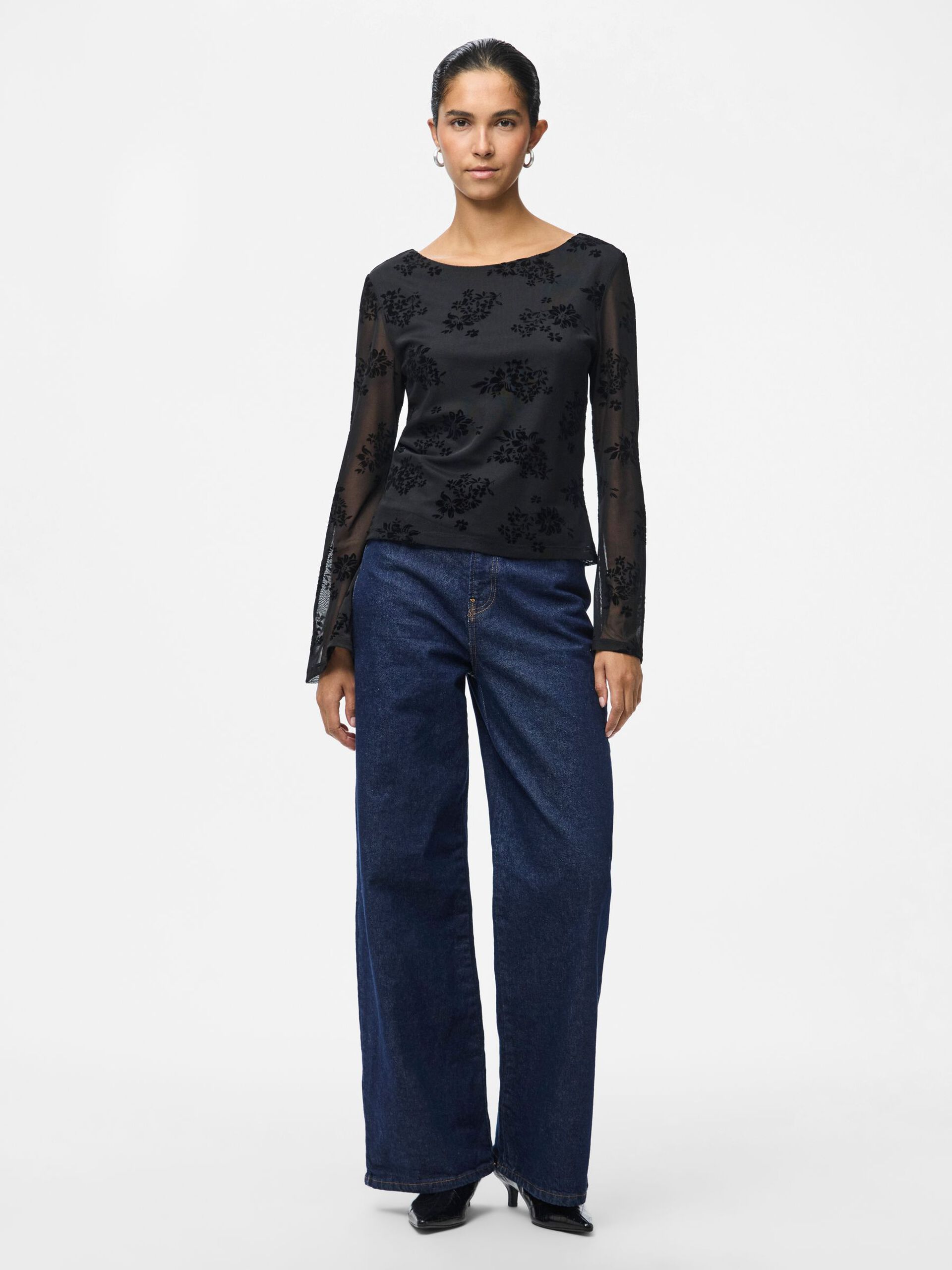 Carousel image - PCFLIKKA MESH LONG SLEEVED TOP, Black | 3