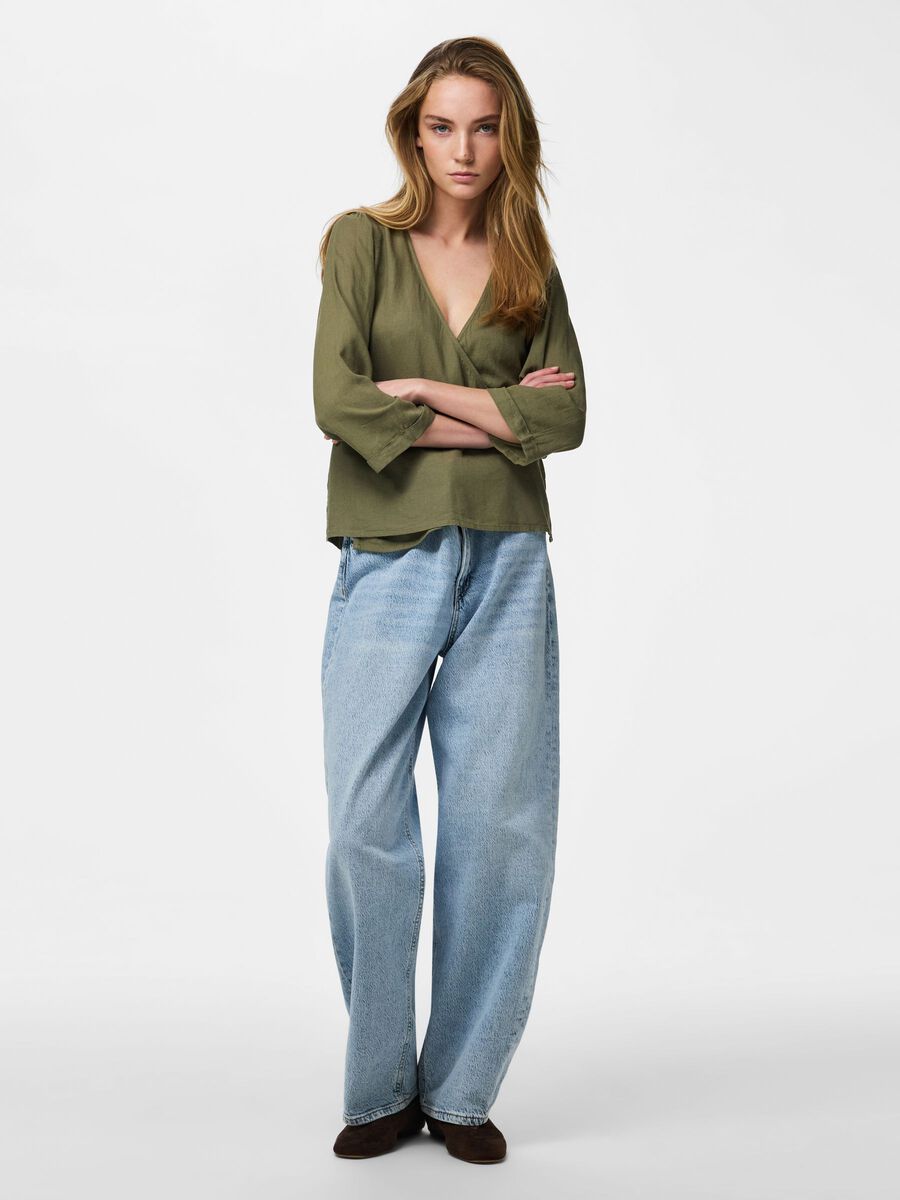 Carousel image - PCPIA - 3/4 - M&Eacute;LANGE DE LIN BLOUSE CACHE-C&OElig;UR, Deep Lichen Green | 3