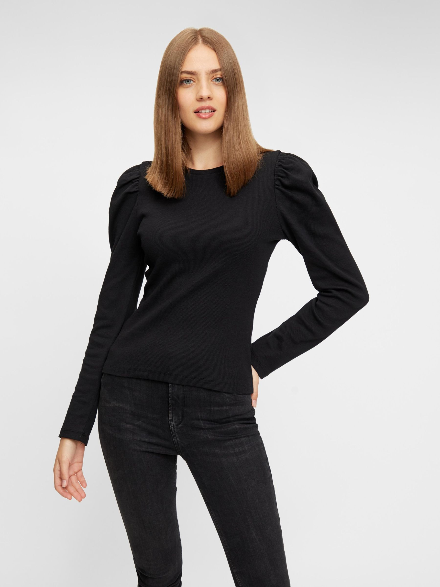 Black long sleeve puff shoulder top store