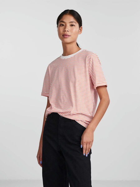Pieces STRIPED COTTON O-NECK T-SHIRT, Bright White, highres - 17093747_BrightWhite_1006113_003.jpg