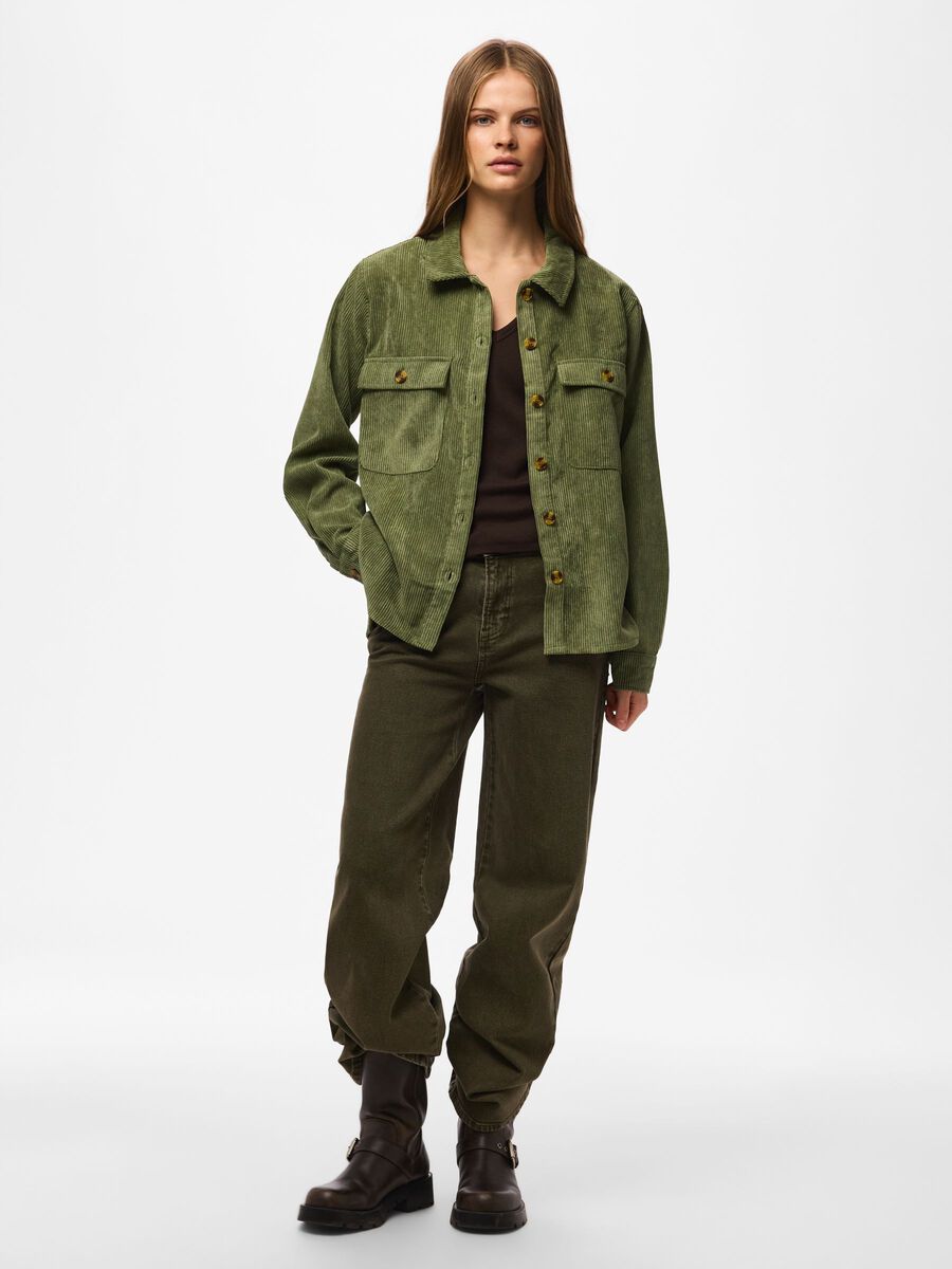 Pceffi corduroy overhemd, colour: olivine, groene, volledig vooraanzicht