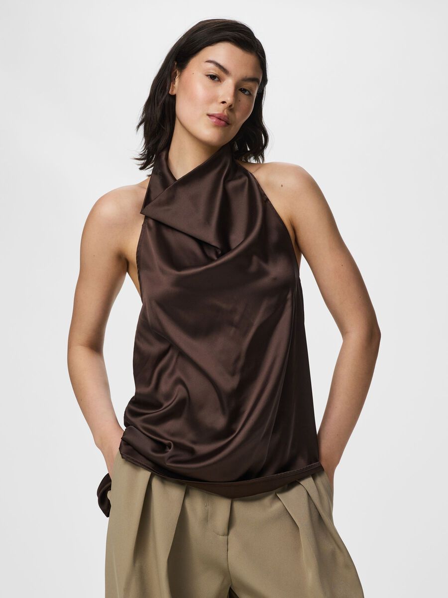 Product carousel image - PCFESTA HALTERNECK SATIN TOP, Hot Fudge | 1