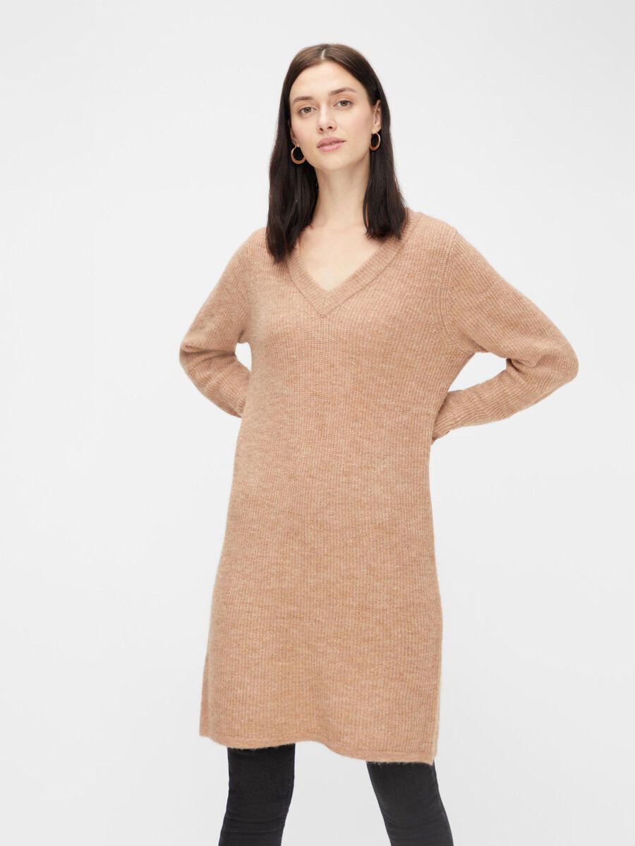 Pieces V-NECK KNIT DRESS, Natural, highres - 17099342_Natural_003.jpg