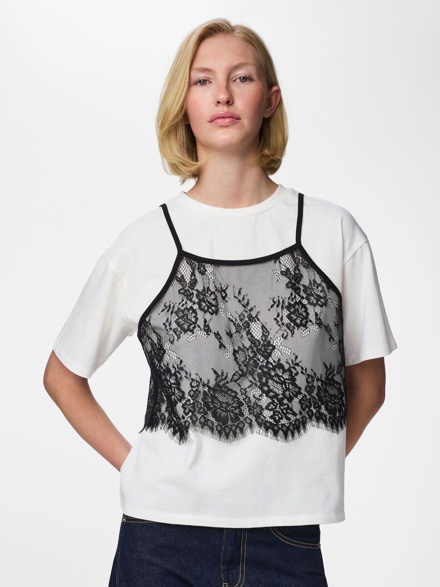 Product carousel image - PCFNUG LACE SINGLET LAYER  T-SHIRT, Bright White | 1