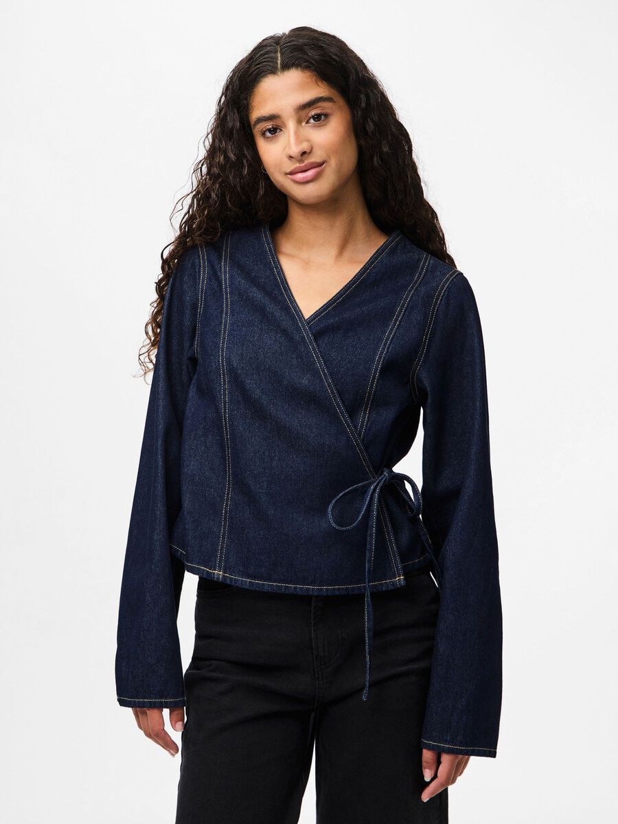 Carousel image - PCFENNA DENIM WRAP BLOUSE, Dark Blue Denim | 1