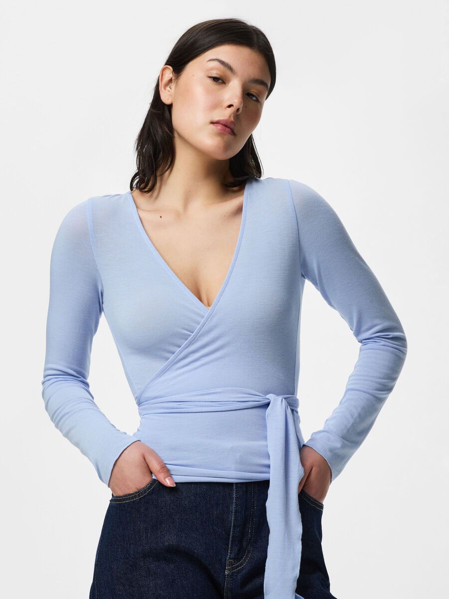 Carousel image - PCROYA LONG SLEEVED WRAP TOP, Brunnera Blue | 1