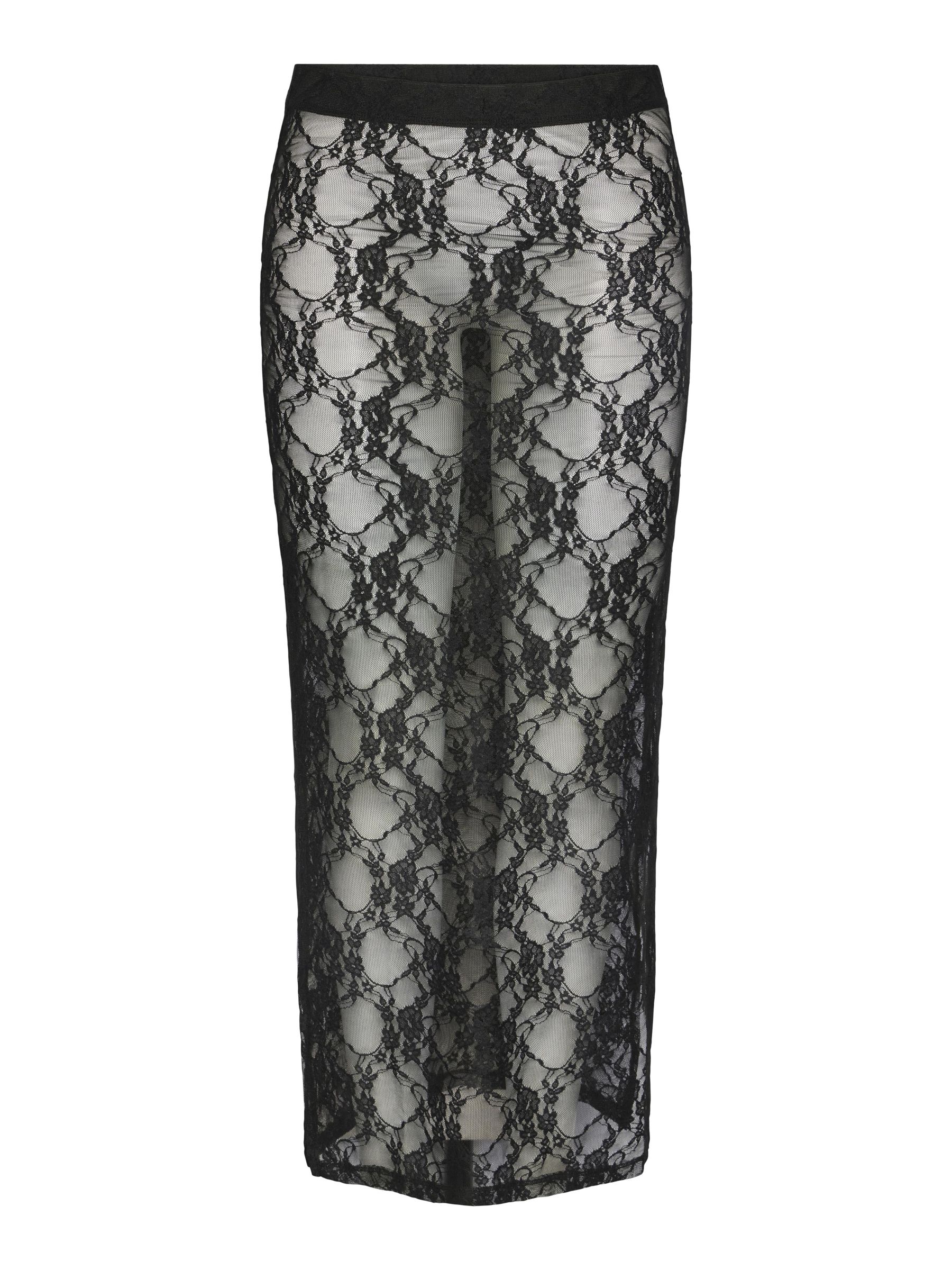 Black Silk Lace Trim Maxi Skirt For Women High Waist Summer Original Design Patchwork Lace Hem