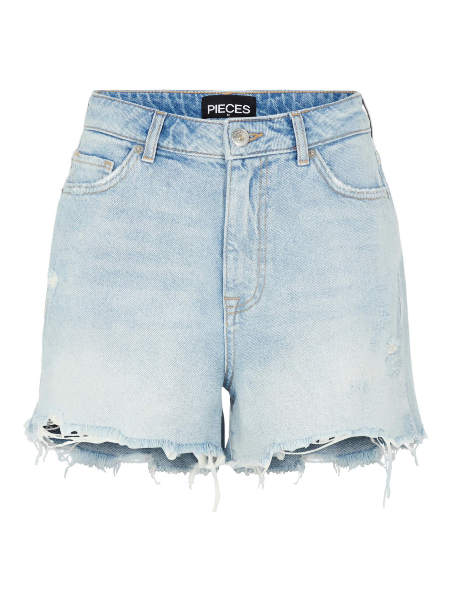 PIECES Pantaloncini Donna In Denim - Vita Alta, Orlo Strappato, Con Passanti E Chiusura A Bottone - Modello Pctulla HW