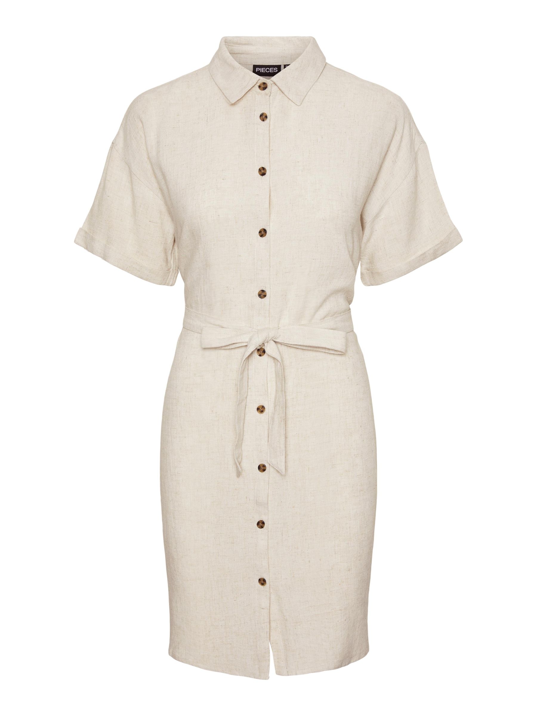 PIECES Abito Chemisier In Lino Per Donna – Maniche Corte Con Polsini E Cintura In Vita – Colore Noos