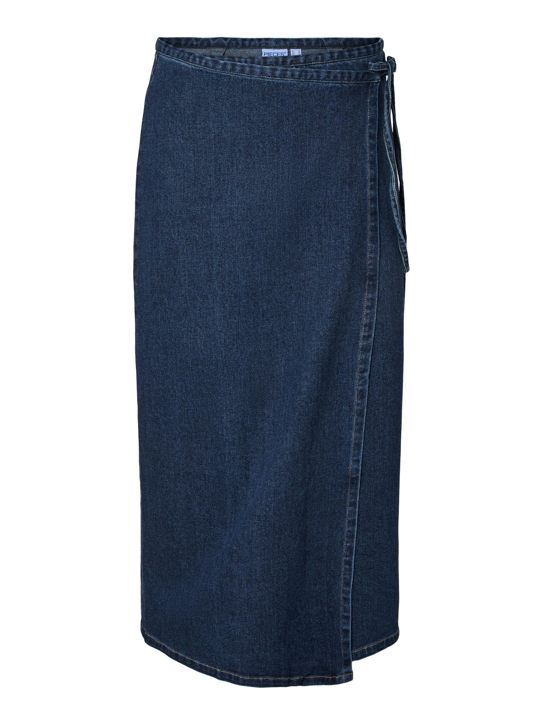 PCFLORA MW WRAP LONG DENIM SKIRT | Blue | PIECES® Denmark